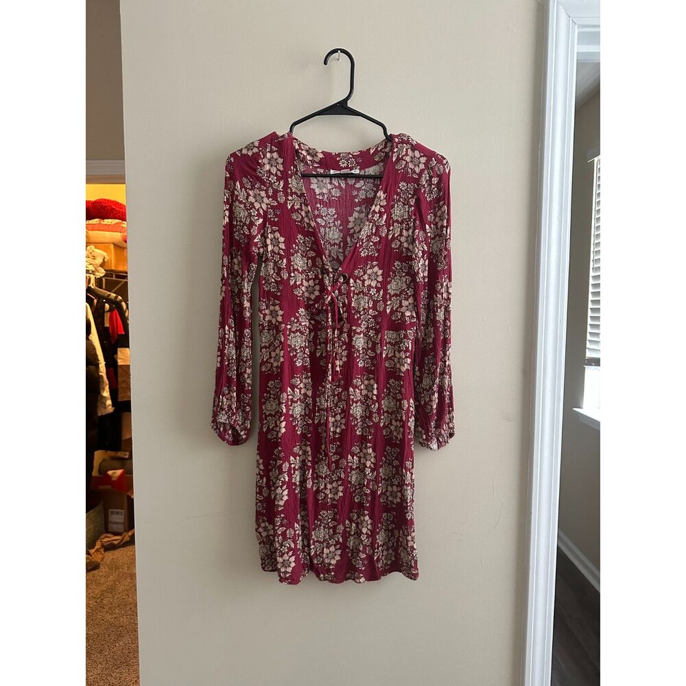 American Eagle Boho Floral Lace Up Mini Dress Maroon XS